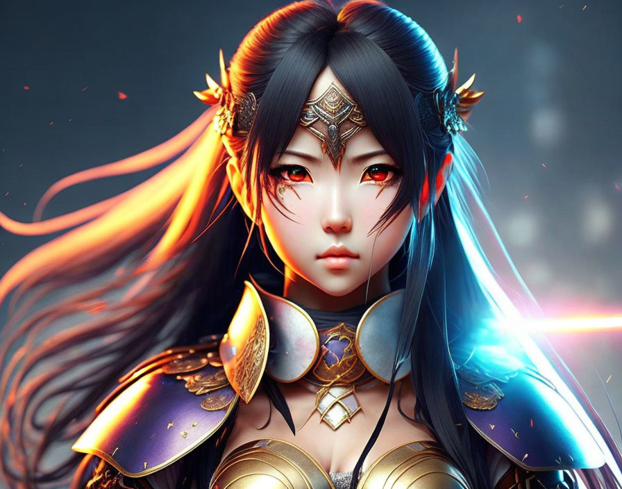 Fantasy artwork featuring woman with red eyes and golden armor