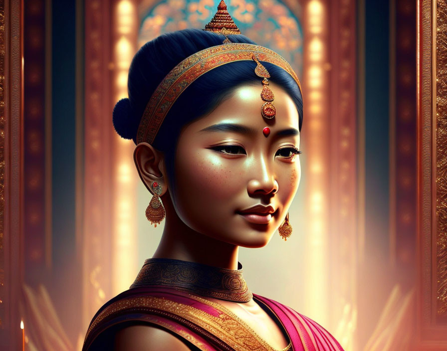 Digital art portrait of woman in South Asian attire with traditional adornments