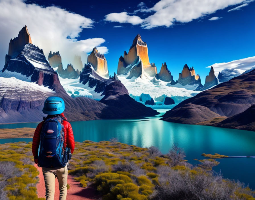 Traveler with Backpack Admiring Turquoise Lake and Snow-Capped Mountains