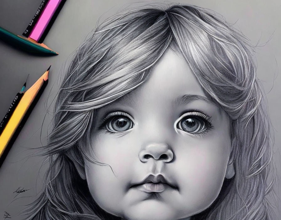 Detailed grayscale drawing of young girl with expressive eyes & intricate hair, with colored pencils.