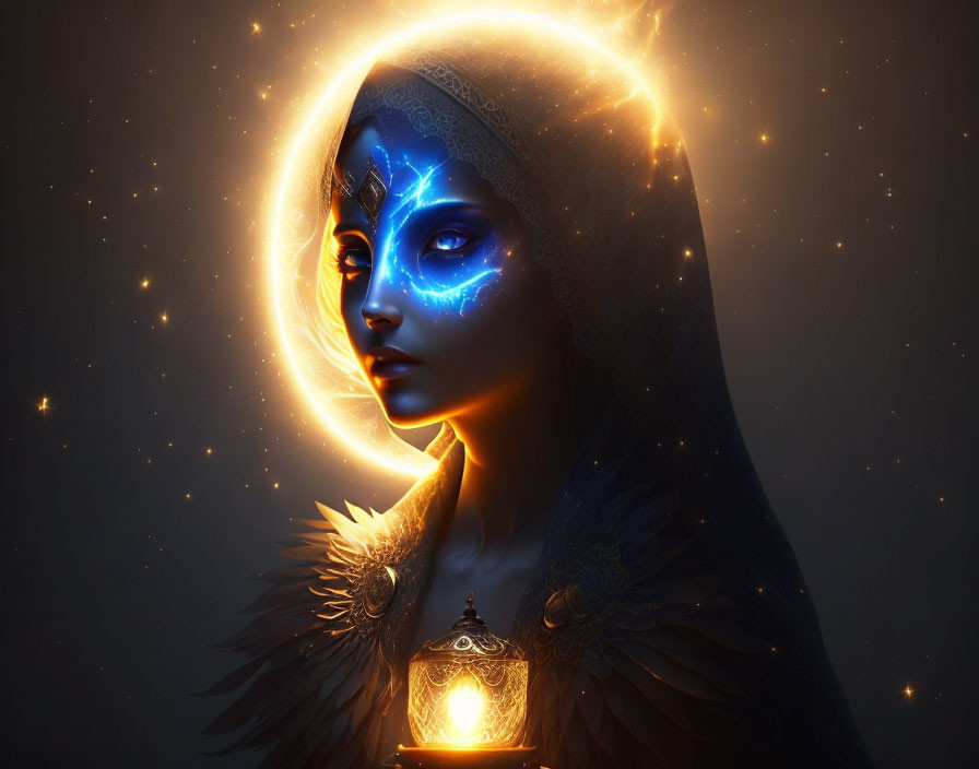 Ethereal female figure with glowing blue markings holding a lantern surrounded by light and stars