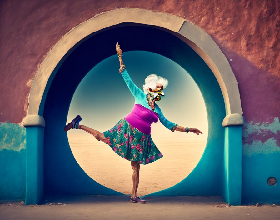 Elderly Woman Dancing Under Blue Archway in Desert