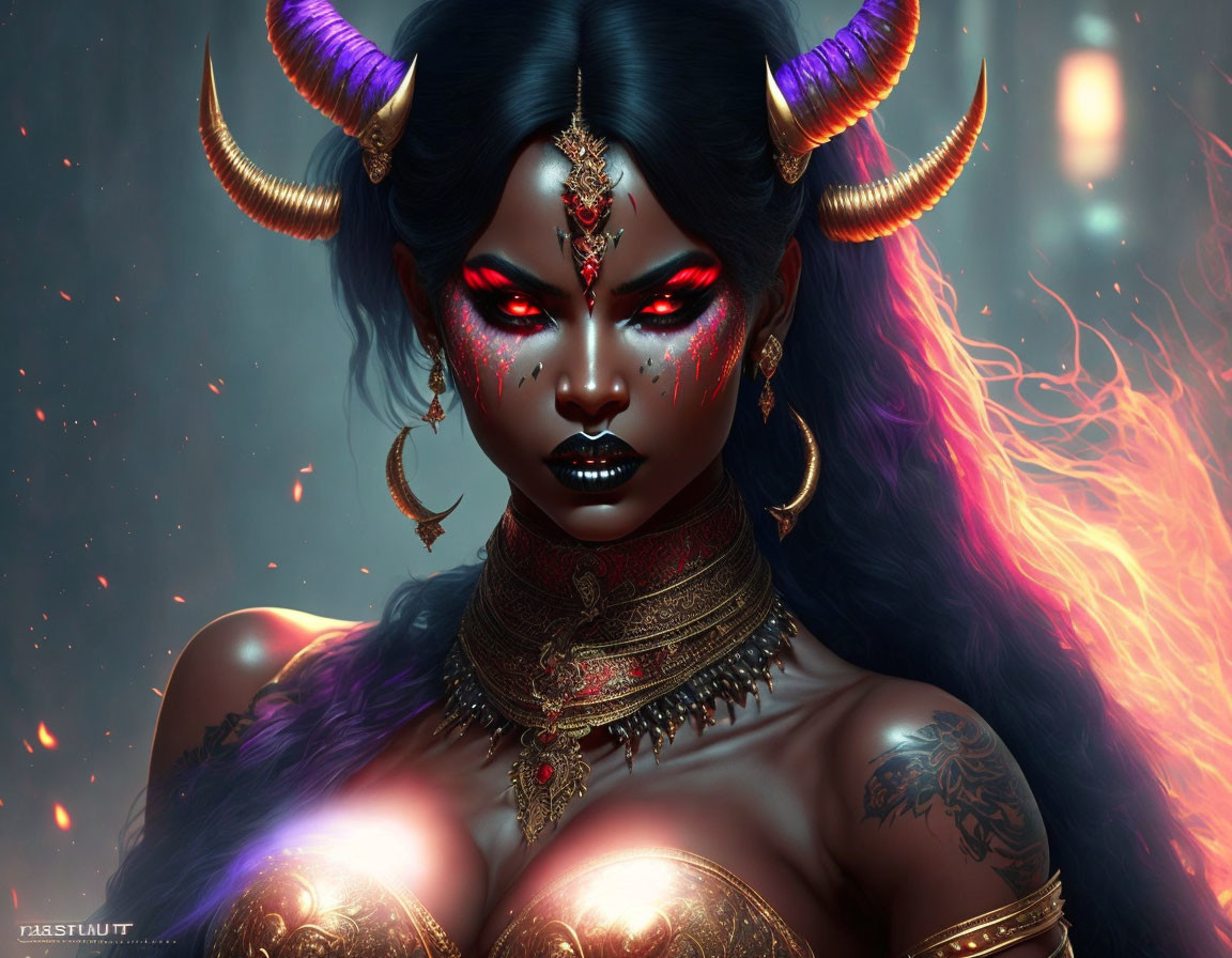 Fantasy image: Woman with dark blue skin, red eyes, horned headdress, gold jewelry