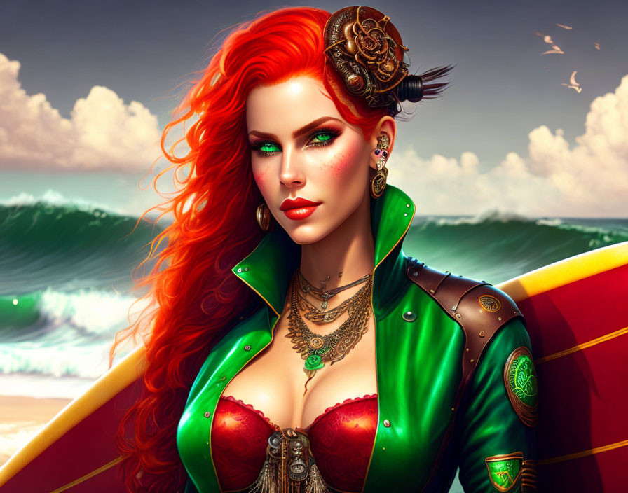 Digital artwork: Red-haired woman in green pirate outfit by the sea