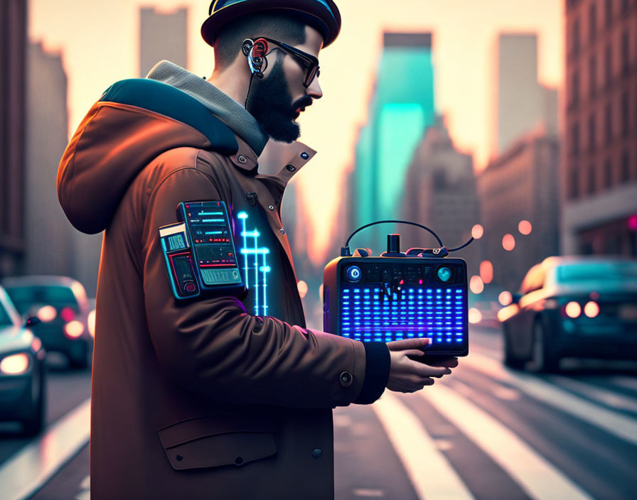 Bearded man in glasses with futuristic boombox on city street at dusk