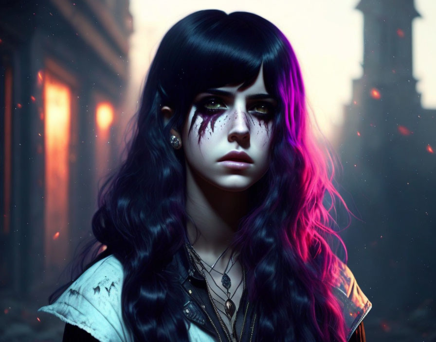 Black and Pink Hair Woman with Glowing Embers in Cityscape