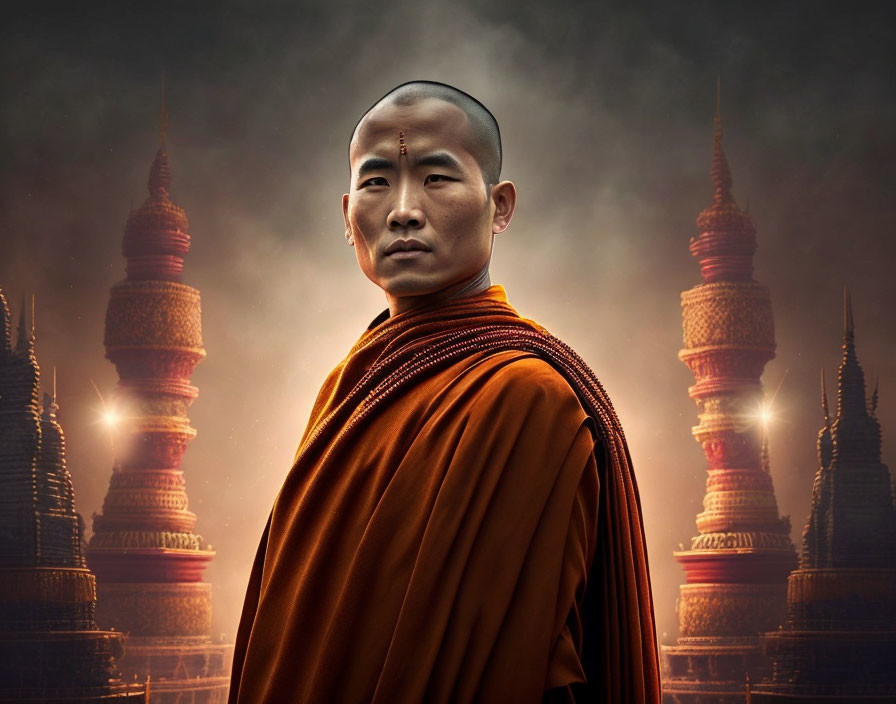 Buddhist monk in orange robes against illuminated pagodas