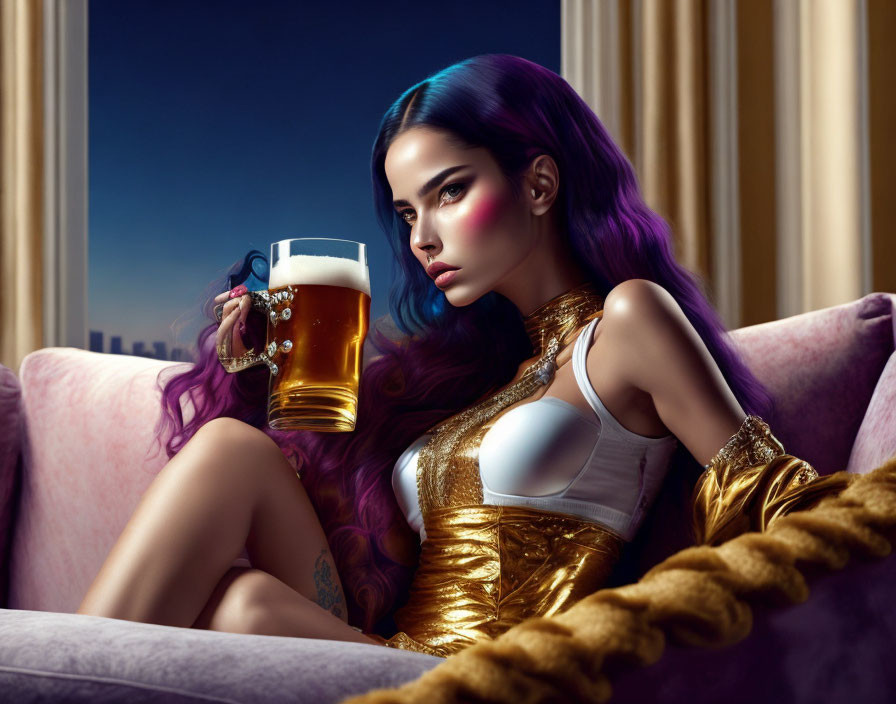 Illustrated woman with purple hair holding beer mug on couch near cityscape.