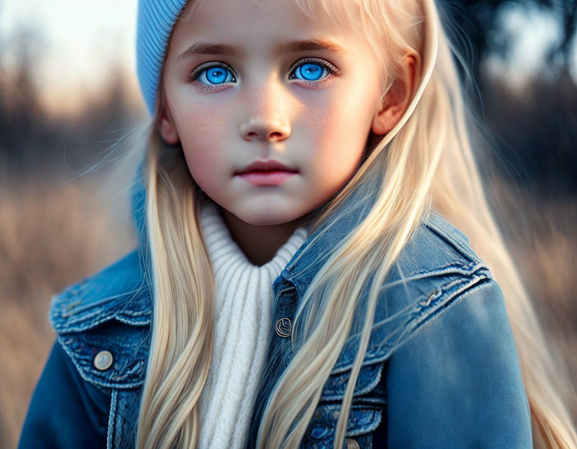 Young girl with blue eyes and blond hair in denim jacket and beanie outdoors