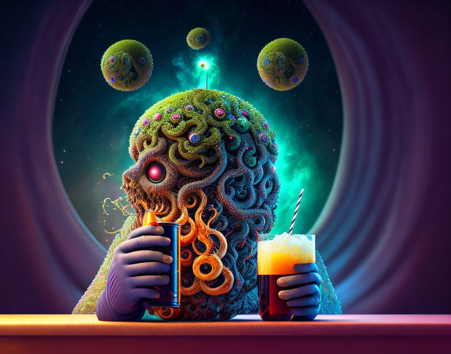 Intricately detailed surreal being with drink in cosmic setting