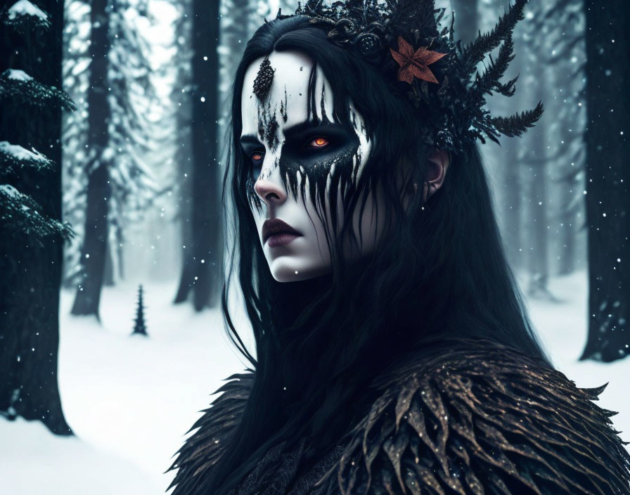 Dark, mystical makeup in snow-covered forest with feathered attire