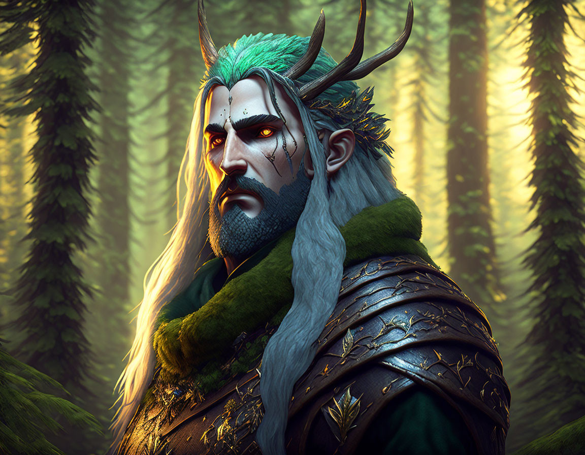 Male fantasy character with antlers in armor and cloak in enchanted forest