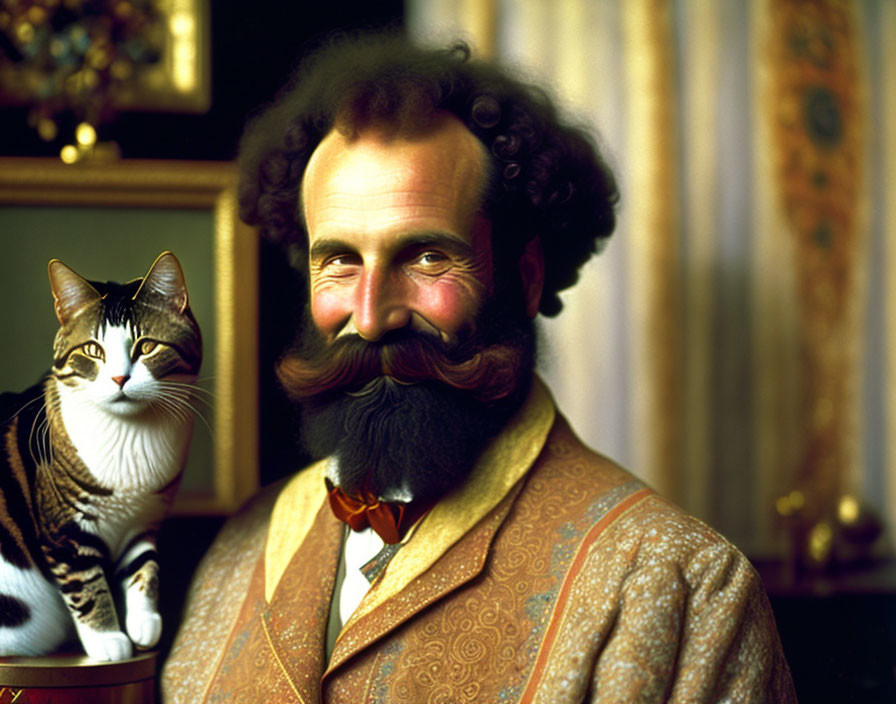 Smiling man with curled mustache in patterned jacket and bowtie with cat.