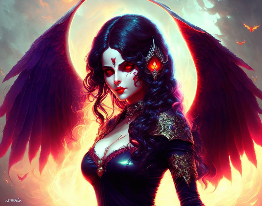 Mystical woman with black angel wings and red glowing eyes in ornate dress against fiery backdrop.