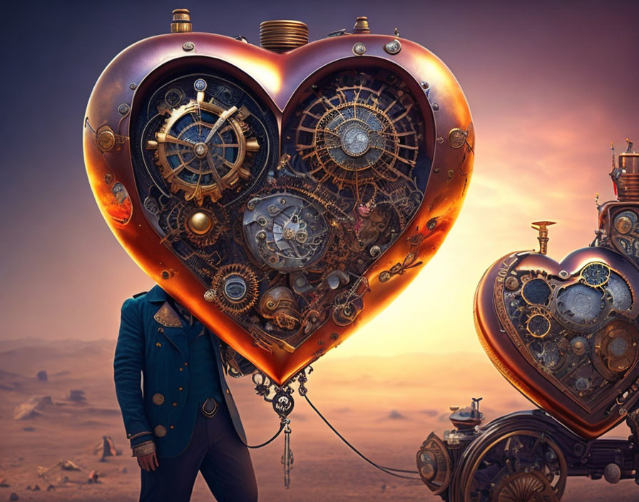 Blue jacket person holding steampunk heart balloon in desert landscape