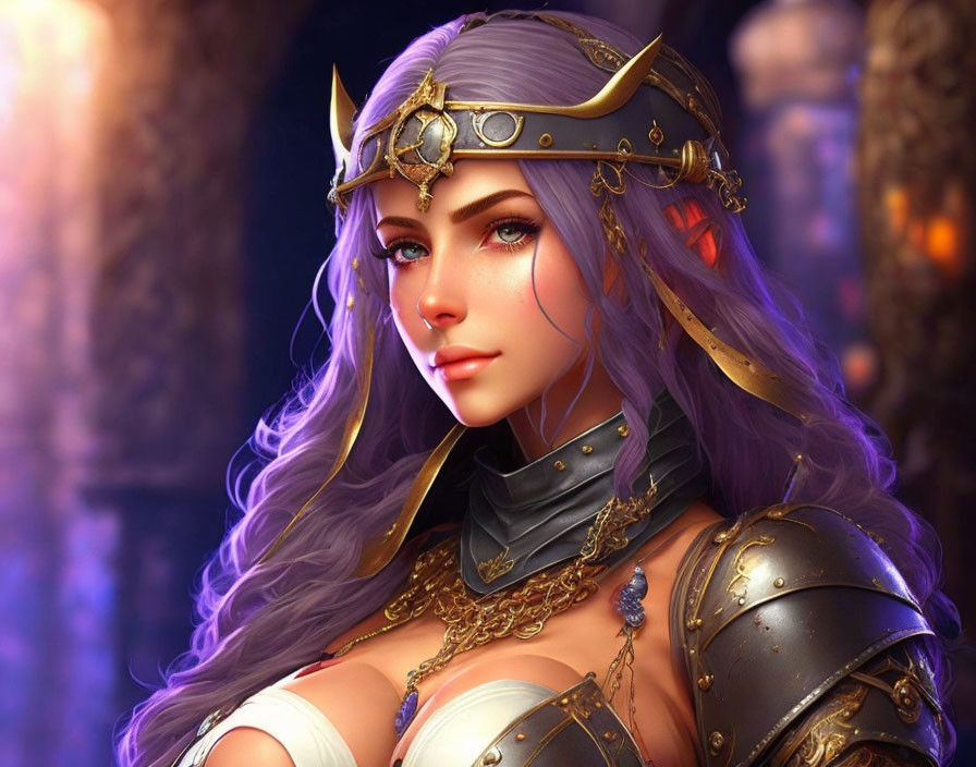 Female character with purple hair and golden crown in ornate armor on blurred background