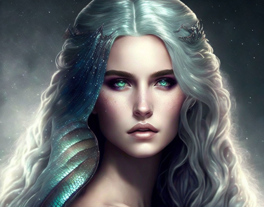 Pale-skinned woman with green eyes, white hair, crown, and mermaid-like earfins