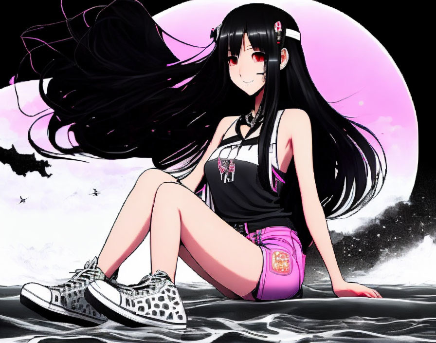 Smiling anime girl with black hair and flower clip under pink moon