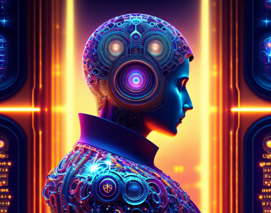 Profile view digital art: Colorful mechanical components on head and neck against neon-lit backdrop