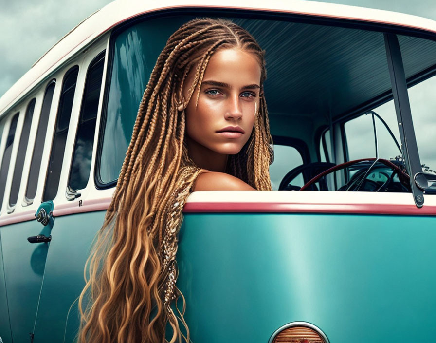 Woman with braided hair leaning on vintage teal van under cloudy sky