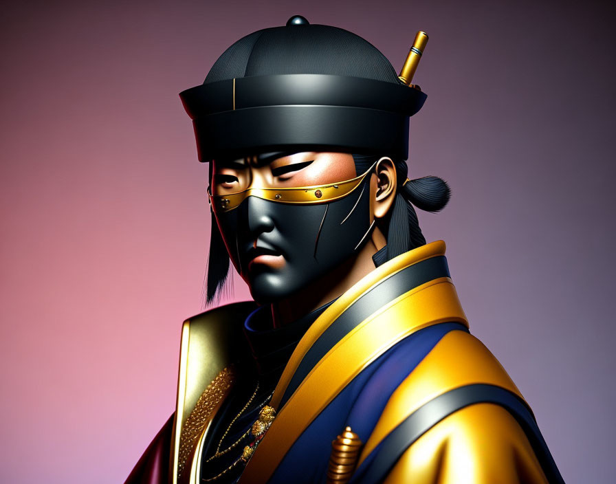 Ancient Asian warrior in traditional armor 3D rendering