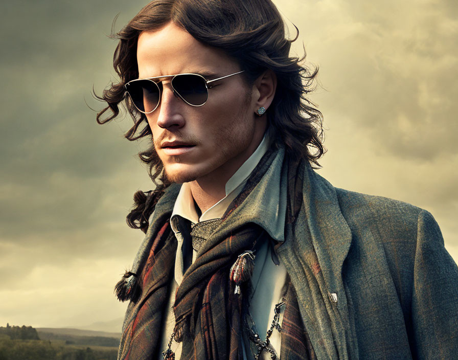 Fashionable man with shoulder-length hair in sunglasses, scarf, tweed jacket under moody sky