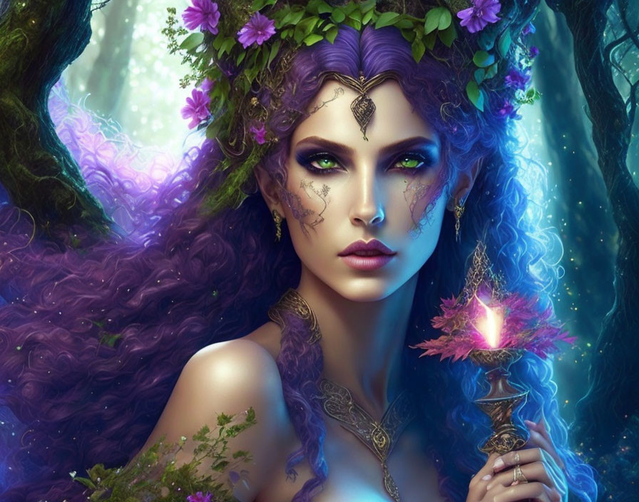 Fantastical portrait of woman with violet hair and magical item in enchanted forest