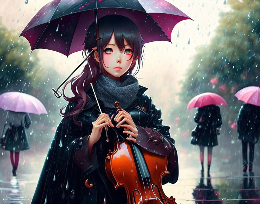 Digital illustration: Girl with black hair and red eyes holding a violin under purple umbrella on rain-soaked