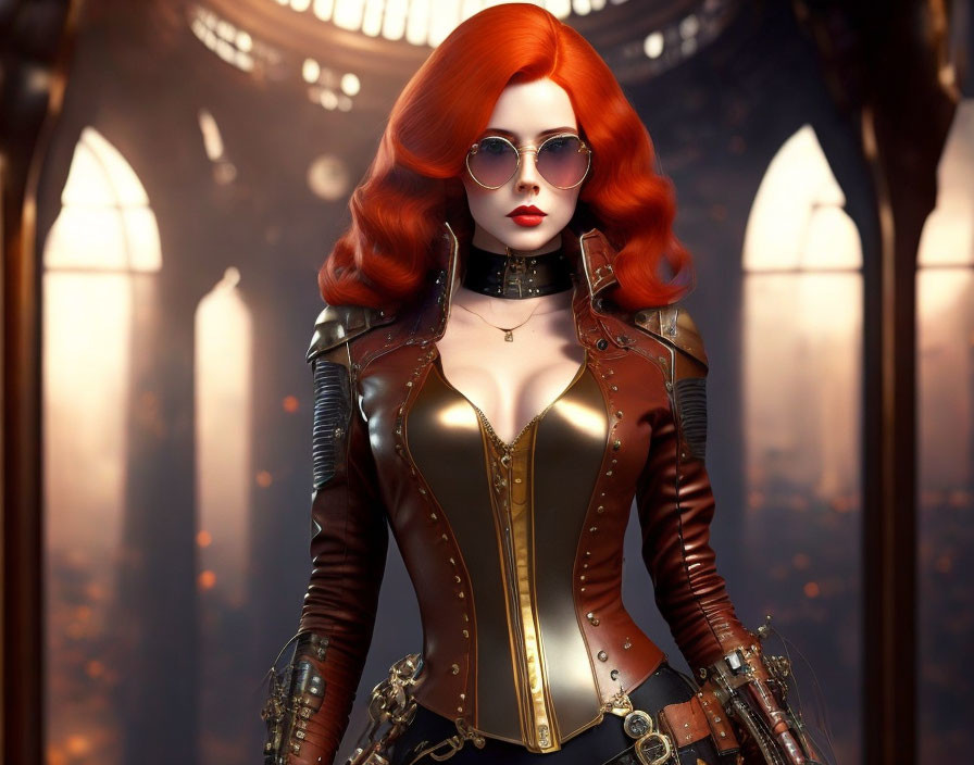 Stylized female character with red hair in steampunk attire in grand room