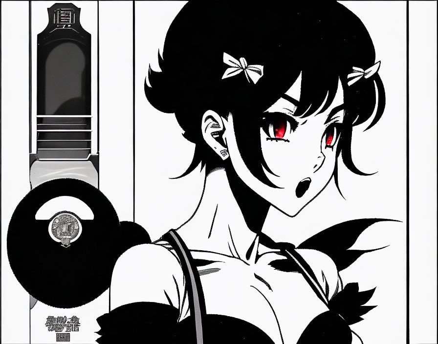 Monochrome manga-style artwork of girl with red eyes and floral hair, watch and case.