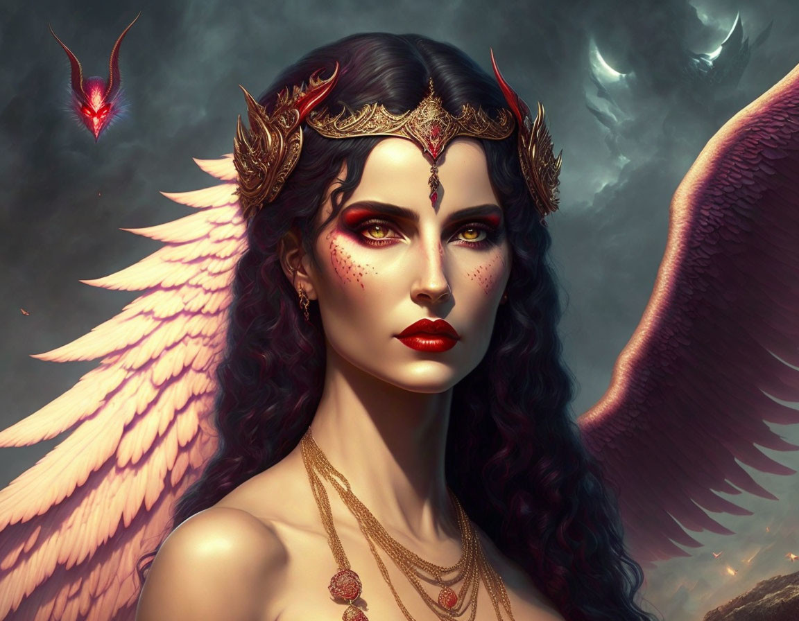 Dark-haired woman with golden crown and wings in fantasy illustration.