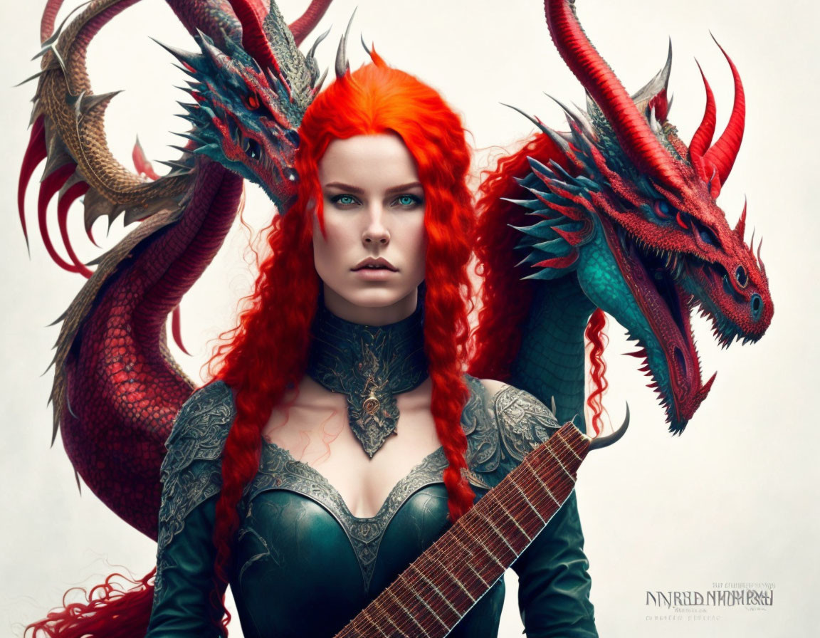 Fantasy portrait of woman with red hair and blue eyes next to detailed red dragon