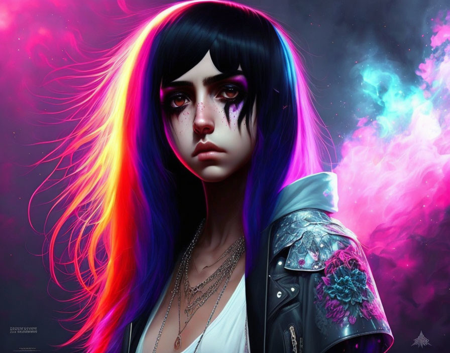 Vibrant digital artwork: Person with multicolored hair and floral leather jacket against colorful nebulous