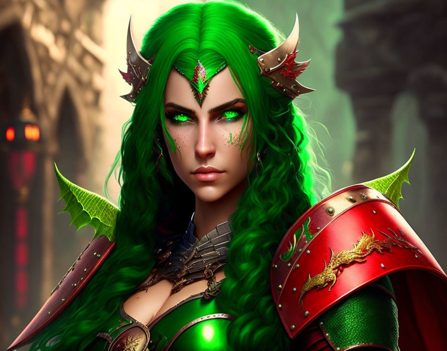 Vivid green-haired female elf in ornate armor and horned headpiece.