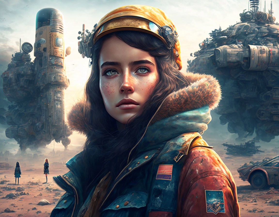 Woman with blue eyes in pilot's attire against futuristic dystopian backdrop