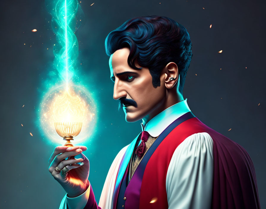 Man with mustache and sideburns holding glowing lightbulb in illustration