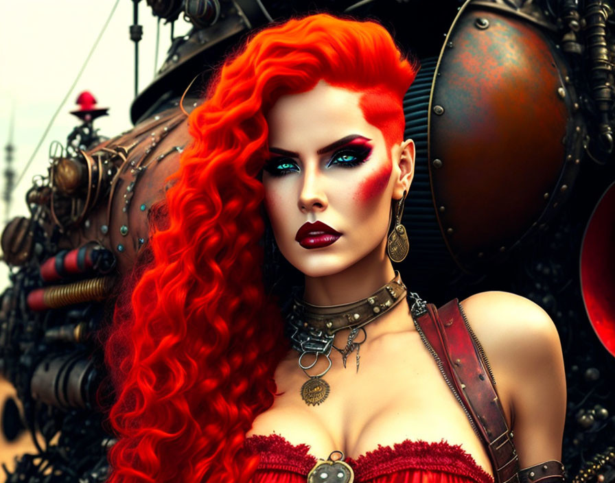 Vibrant portrait of woman with red hair and steampunk accessories