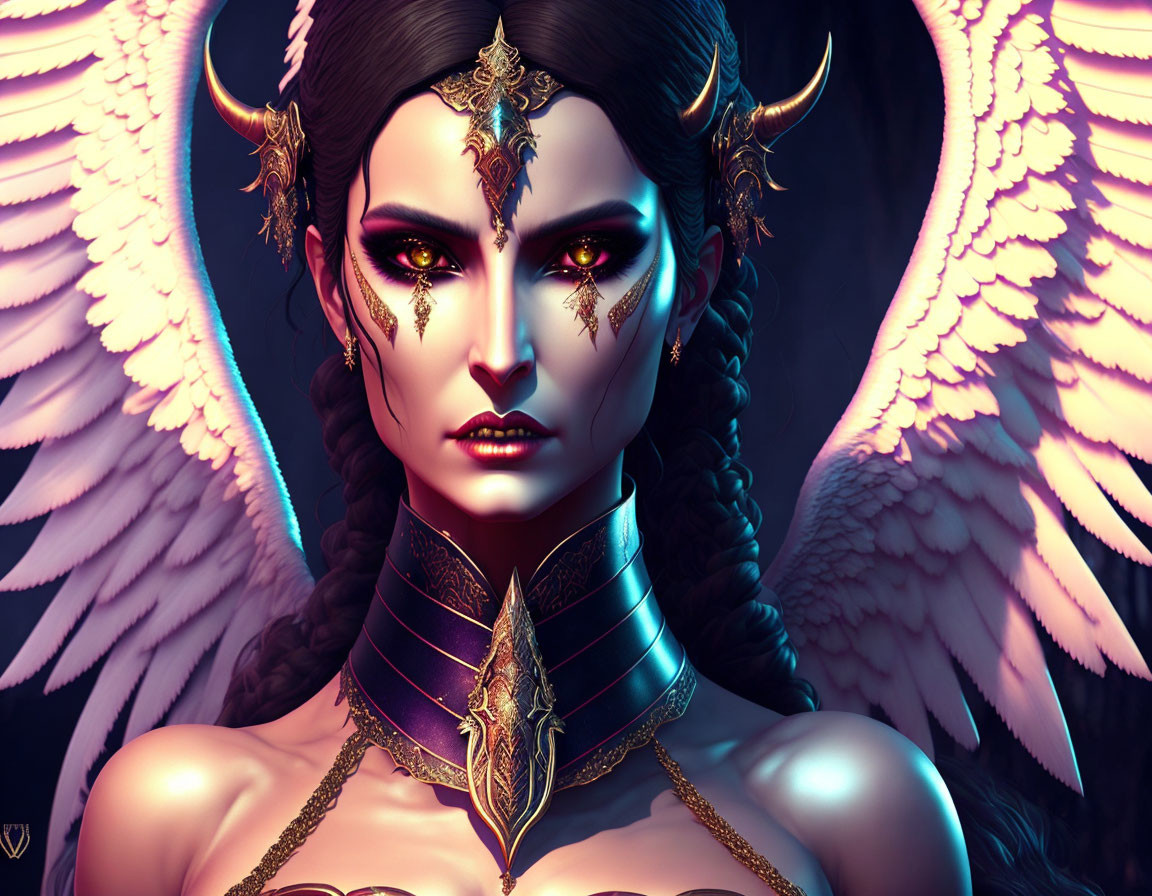 Fantasy character with white wings, golden horns, and intricate face jewelry