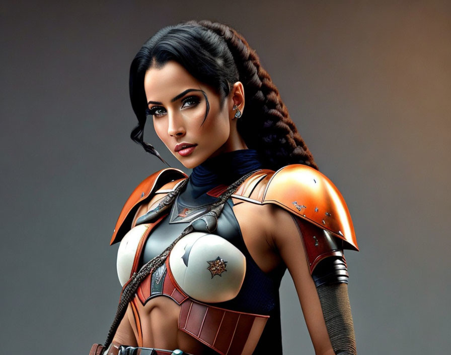 Futuristic digital artwork of a woman with elaborate braided hair and orange-silver armor