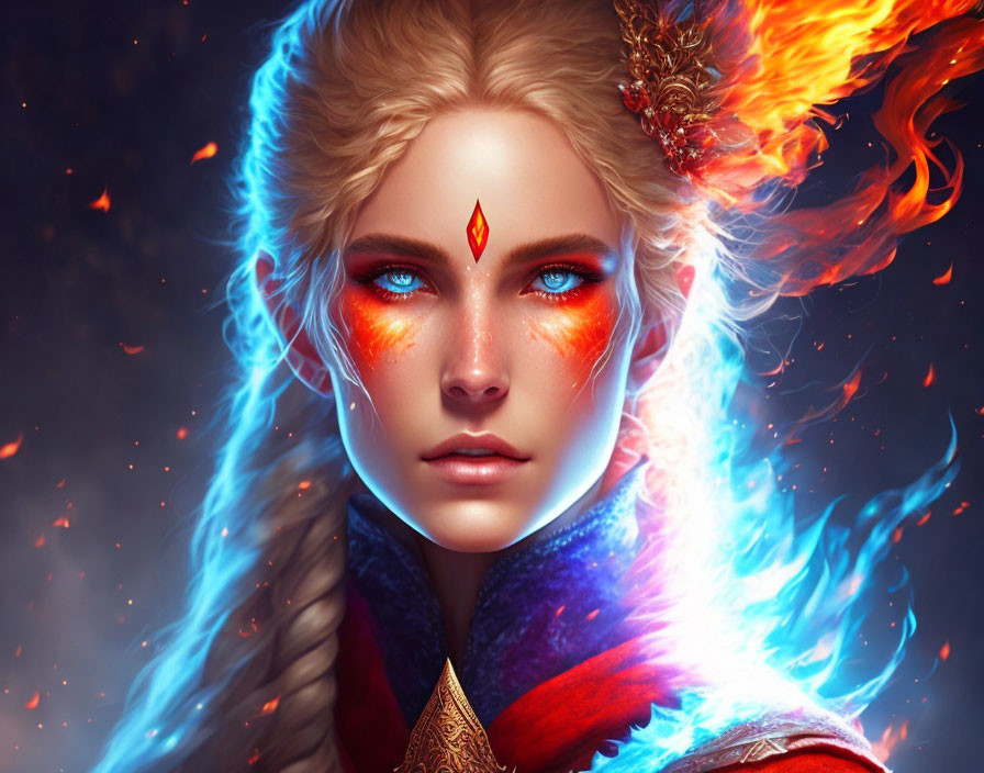 Digital art portrait of a woman with fiery red eyes, phoenix wing, and ornate attire