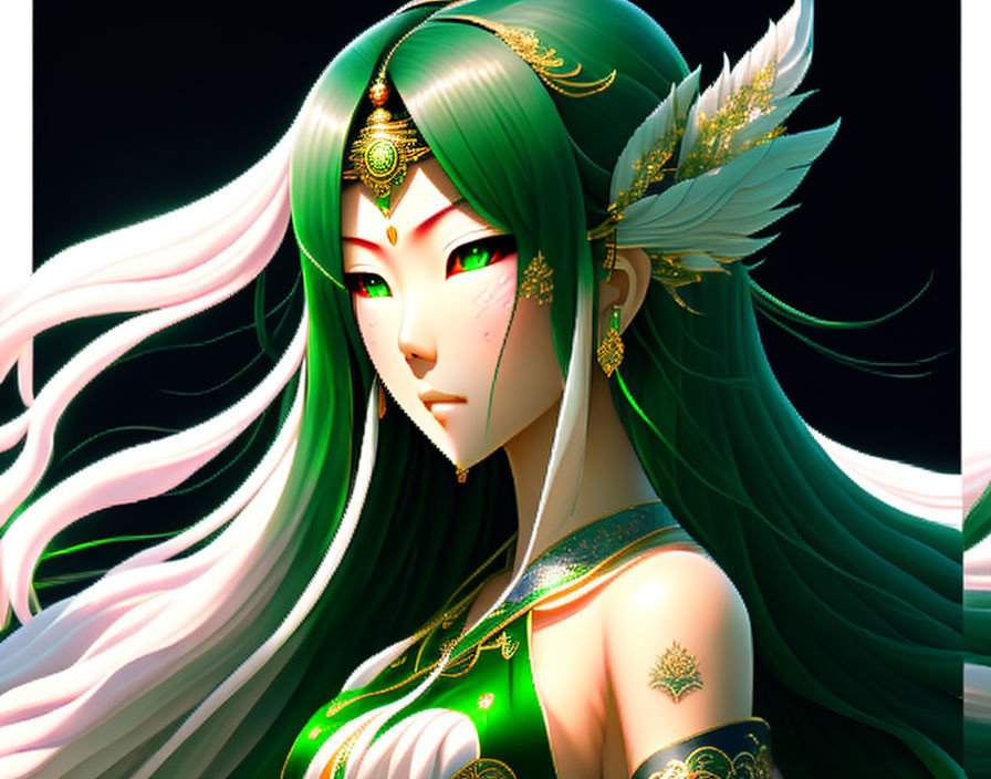 White-haired animated elf in green attire with golden jewelry on dark background