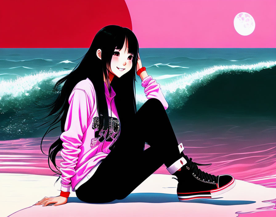 Animated girl with long black hair by the seashore at twilight wearing pink hoodie and sneakers under two