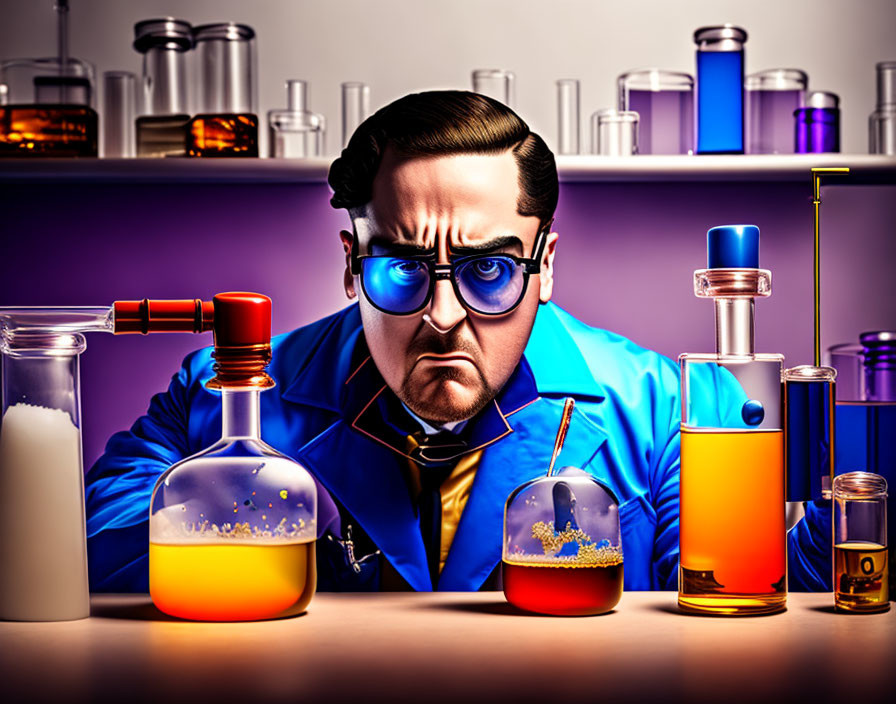 Scientist examining colorful chemicals in lab setting