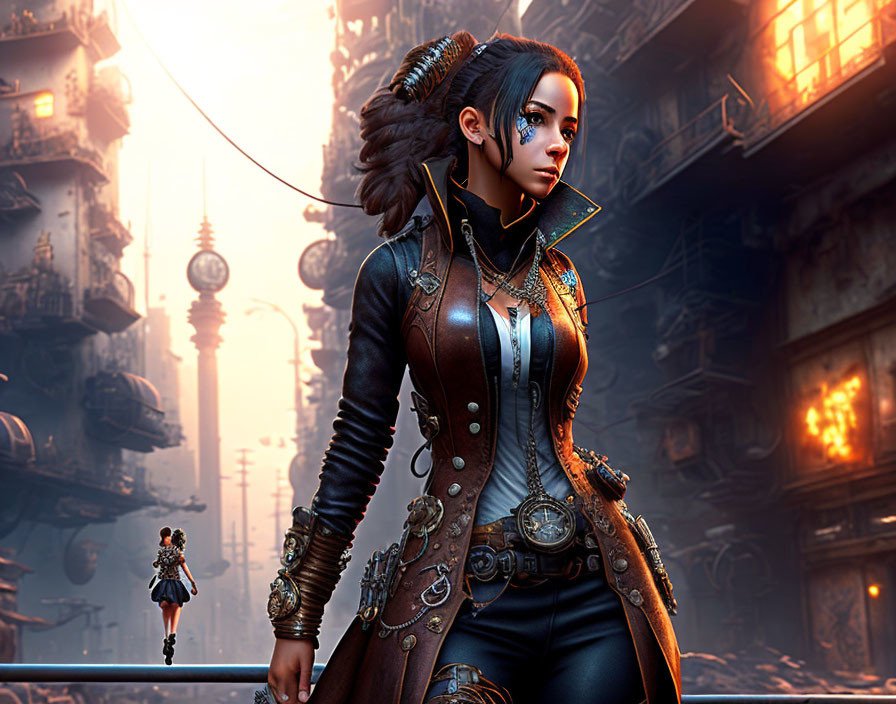 Female cyberpunk character in ornate leather jacket, standing in futuristic cityscape.