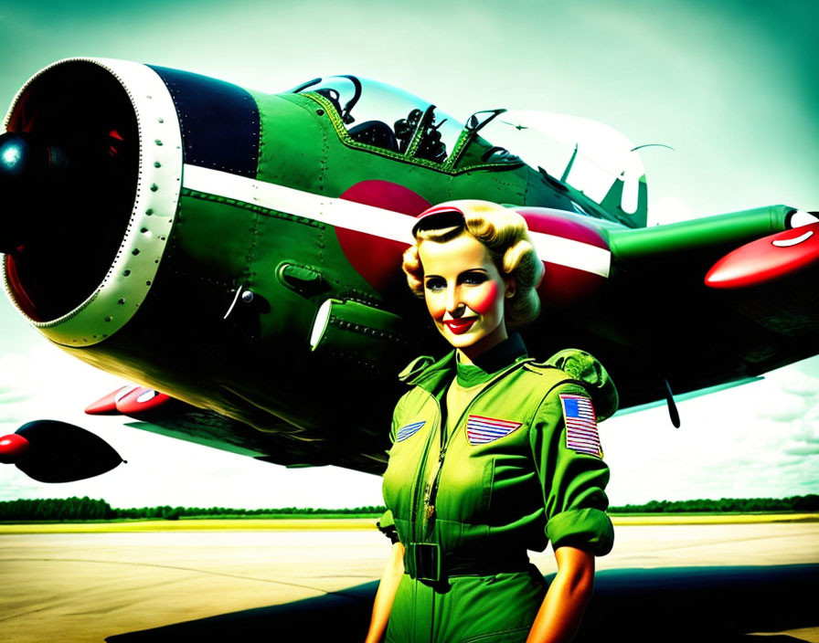 Military-themed woman illustration with American flag patches and vintage fighter plane.