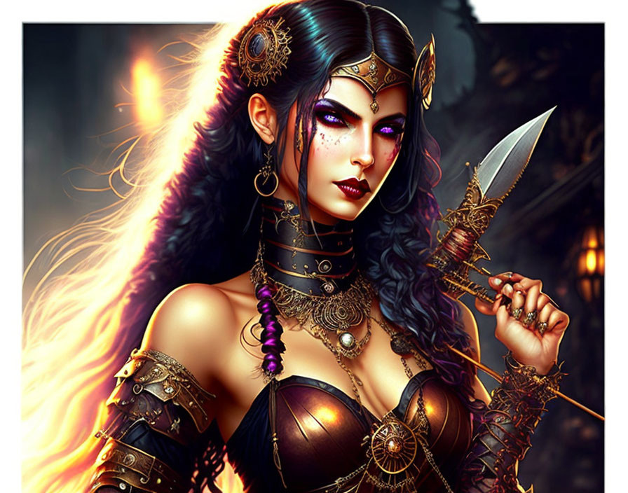 Fantasy warrior woman with intricate armor and dagger in fiery backdrop