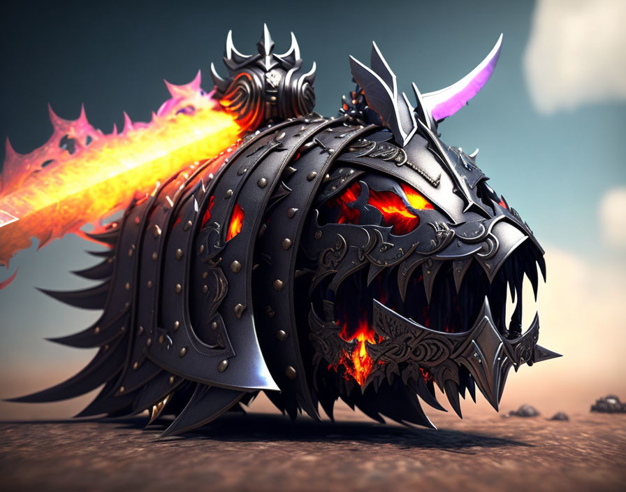 Dragon-themed helmet with glowing eyes, sharp teeth, and fiery details