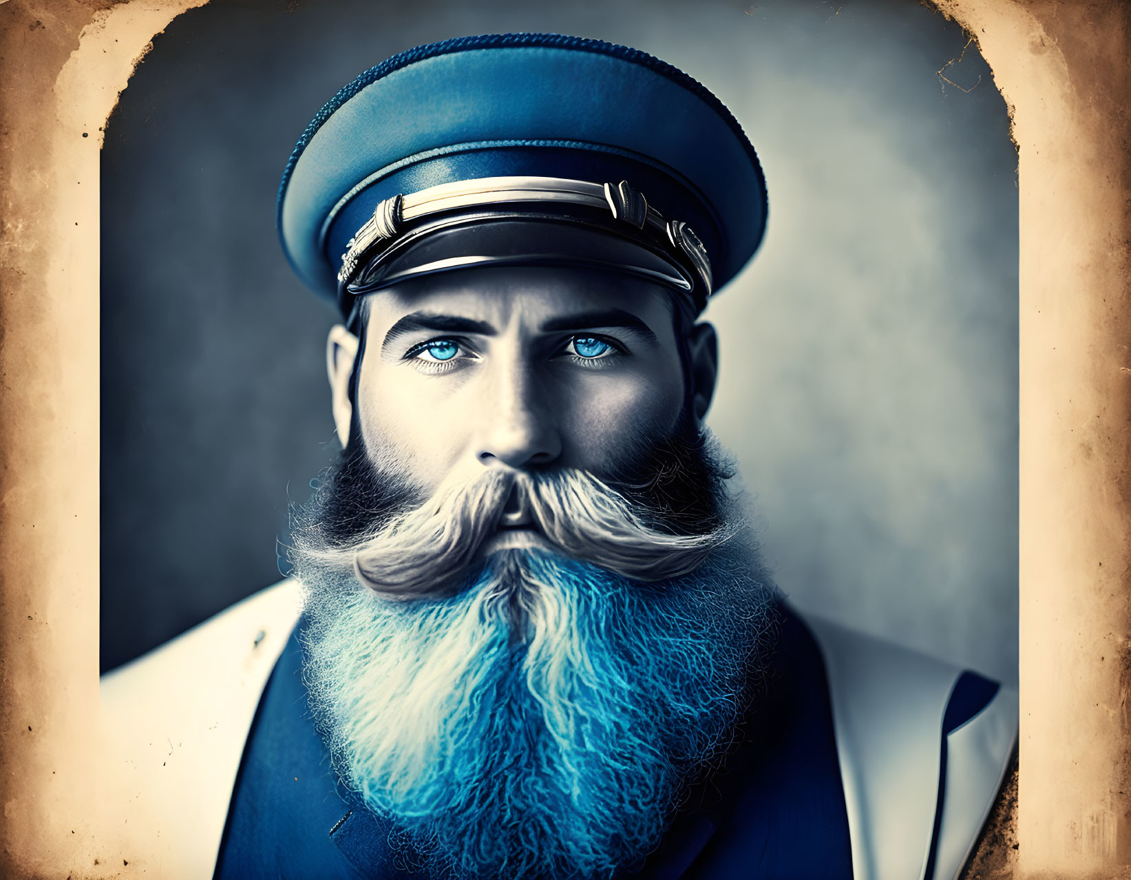 Man with Blue-Tinted Beard in Vintage Military Uniform