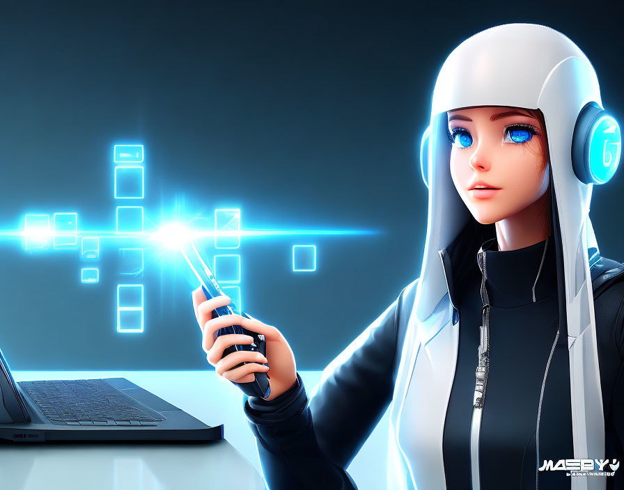 Female character in futuristic attire with holographic interfaces and laptop.