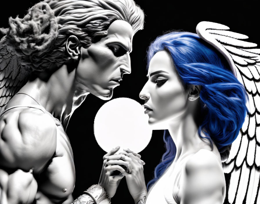 Monochrome surreal artwork: male with lion's mane and female with blue hair and wings holding glowing orb